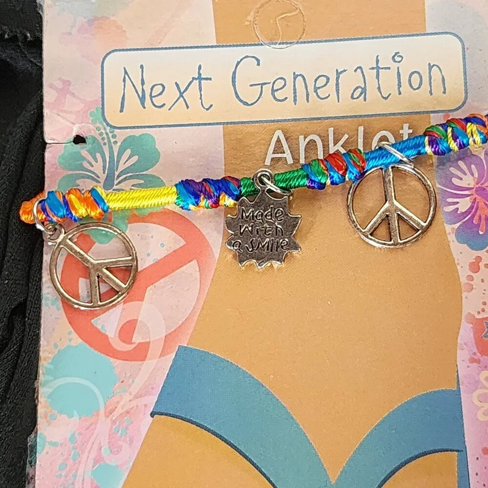 Novelty Inc Next Generation Silver Tone Peace Sun Symbols on Yarn Ankle Bracelet - Picture 12 of 16